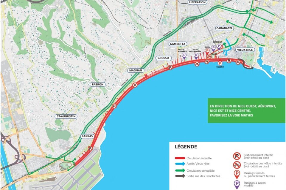 ​Le plan de la circulation et du stationnement lors de la Prom’Classic, dimanche 8 janvier 2023. (©Ville de Nice)