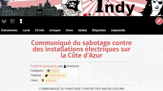 Sabotages sur la Côte d'Azur : un communiqué d’ultragauche revendique l’attaque contre des installations électriques Sabotages sur la Côte d'Azur : un communiqué d’ultragauche revendique l’attaque contre des installations électriques